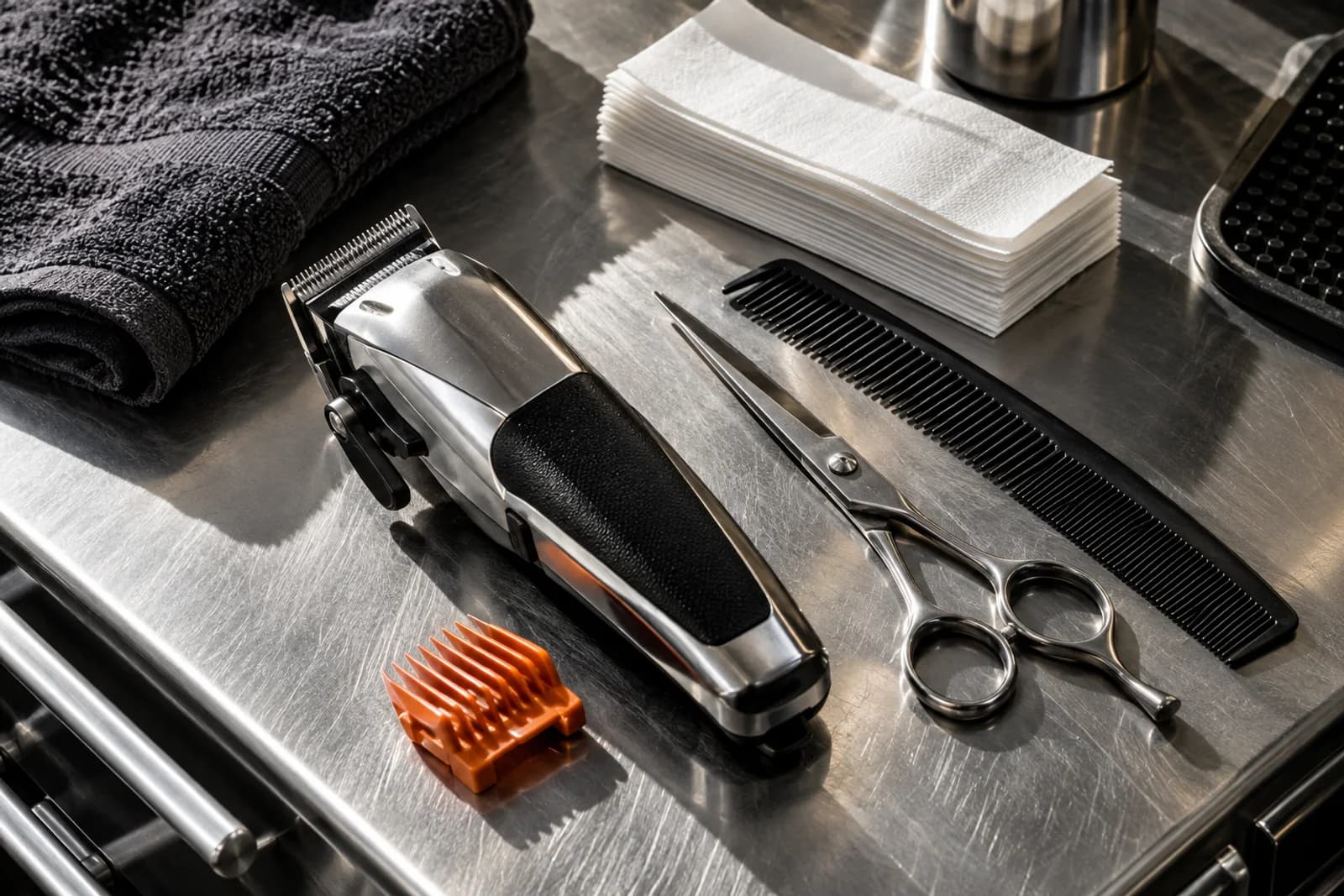 A close-up still life of professional clippers, scissors, a comb, and barber essentials on a steel worktop